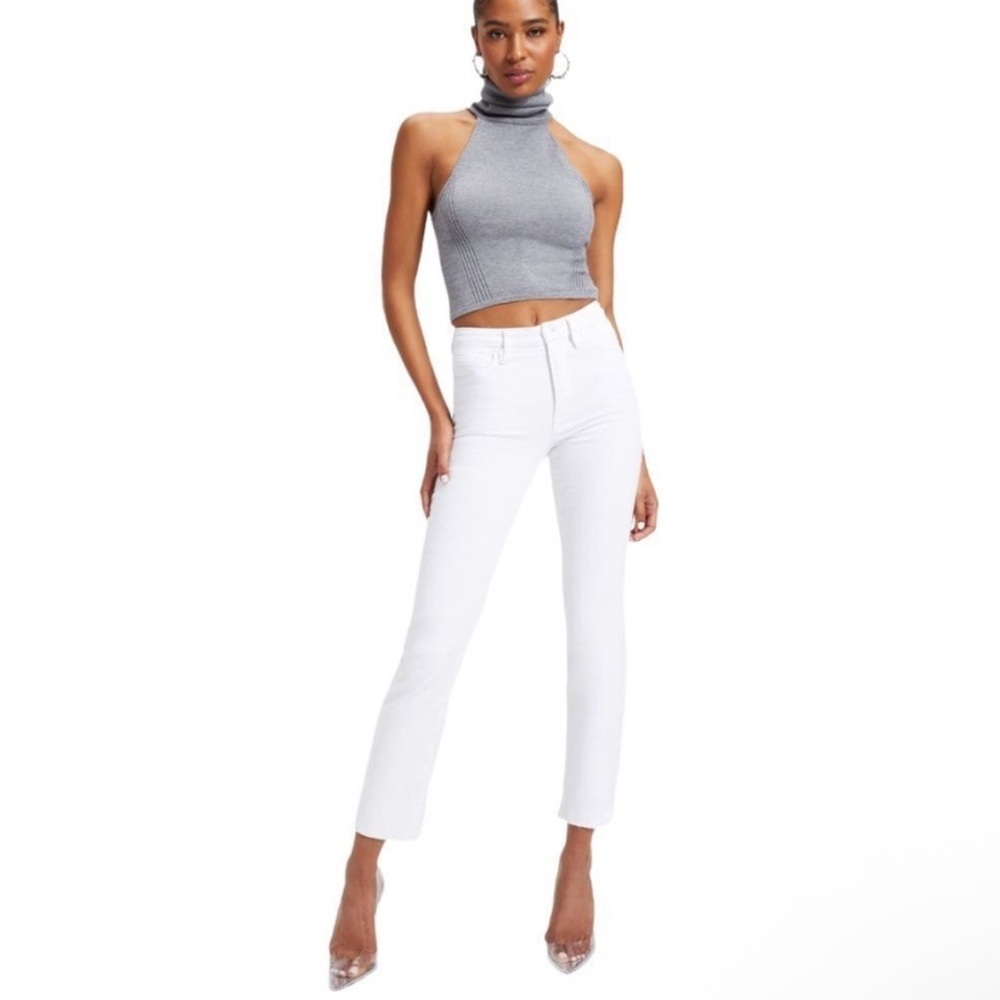 Good American Good Straight White Stretch Denim Mid Rise Raw Hem Jean Size 00